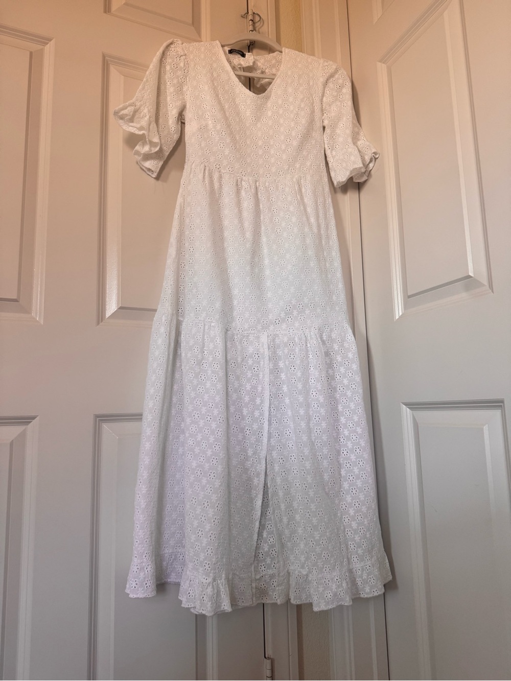 White Eyelet Cotton Maxi Dress with Ruffle Open-Back